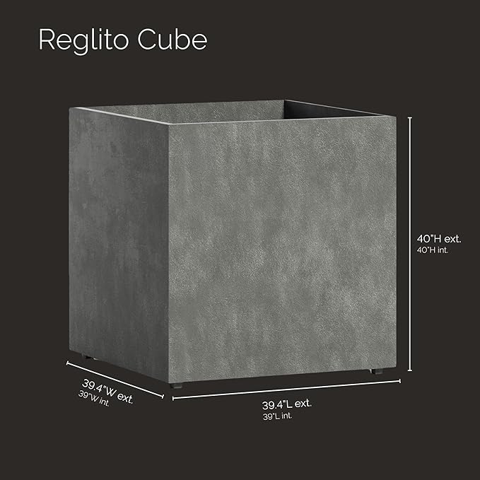 Reglito Cube Planter – Fiberglass Indoor/Outdoor and Weather-Resistant Large Planter (Grey Stone, 39.4" L x 39.4" W x 40" H)