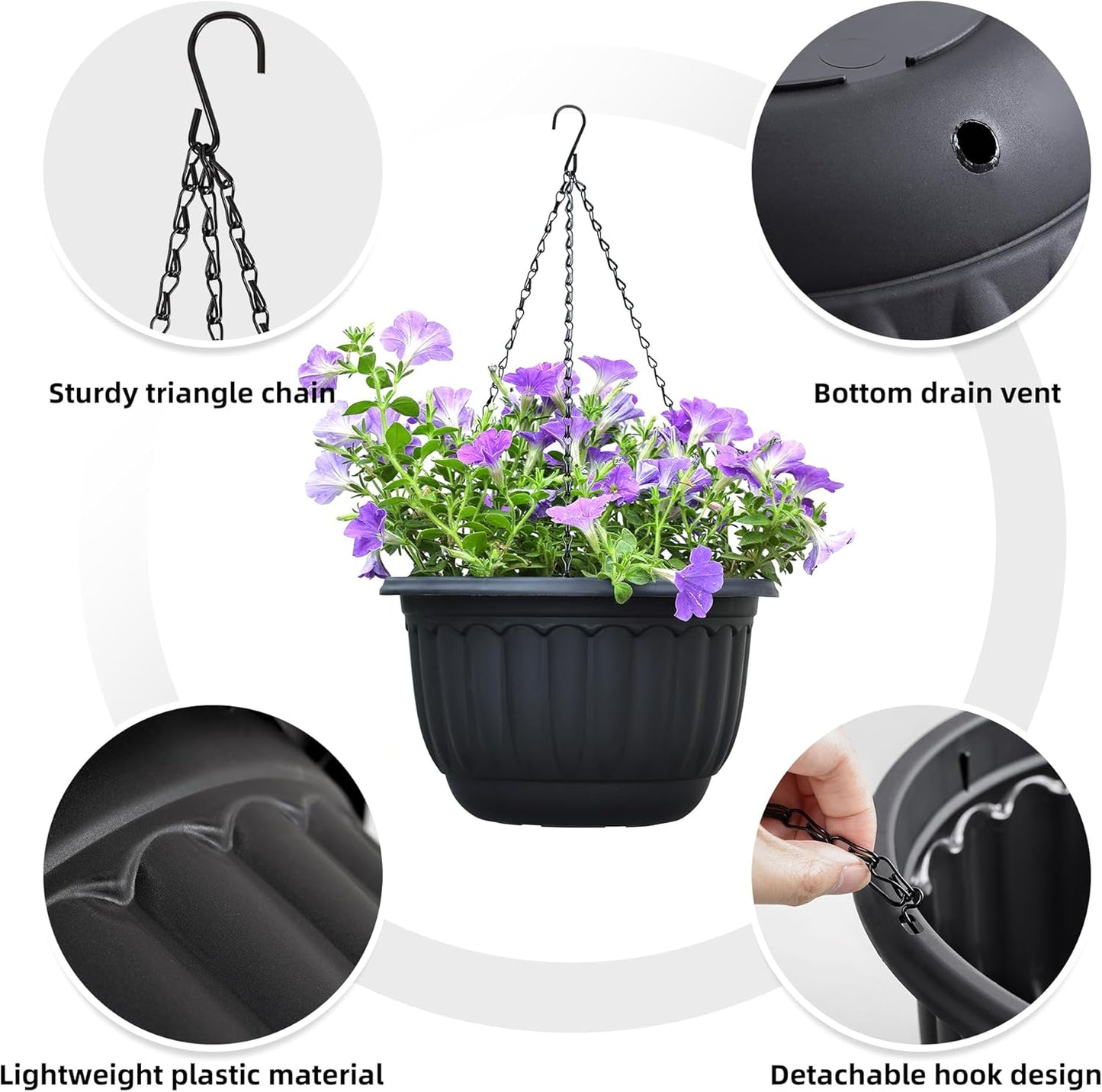 YIKUSH Planters for Outdoor Plants 2 Pack Black Plant Pots with Drainage Hole and Absorbing Tray Hanging Planters for Indoor Plants (12 inch, 3 Hooks)