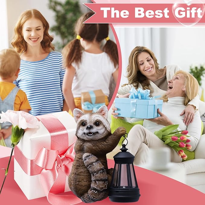 Raccoon Tree Hungger with Solar Lantern - 7.4 Inch Raccoon Outdoor Statue for Garden Yard Decor Outside,Best Garden Gifts for Mom,Women