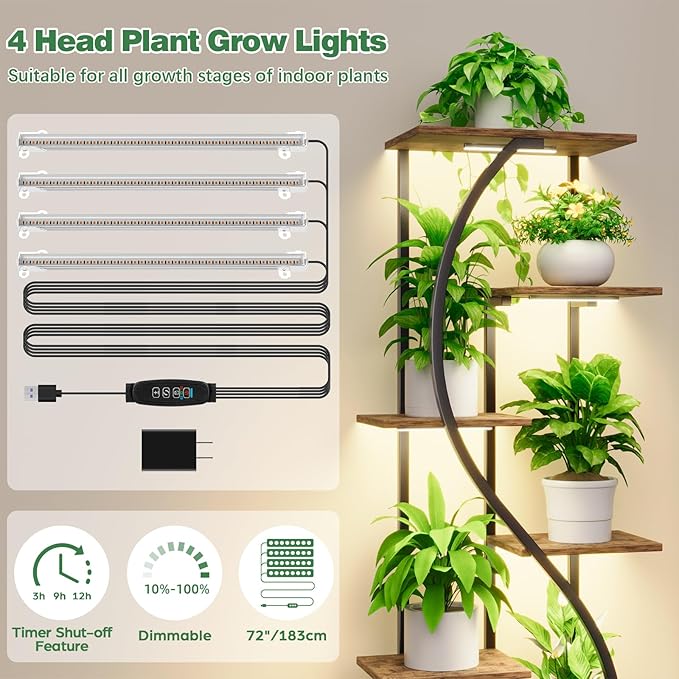 59" Tall Plant Stand with Grow Light Indoor, 7 Tiered Metal Plant Shelf, S-Shaped Flower Display Stand, Corner Storage Shelf for Living Room, Patio, Balcony Decor
