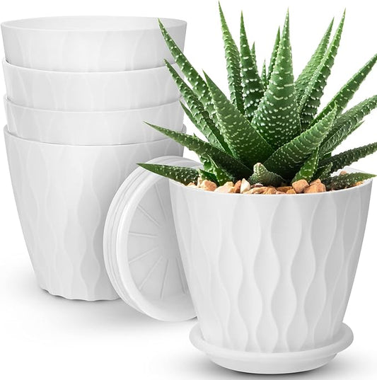 6 inch Plant Pots, 5 Pack Flower Pots Outdoor Indoor, Planters with Drainage Hole and Tray Saucer（White