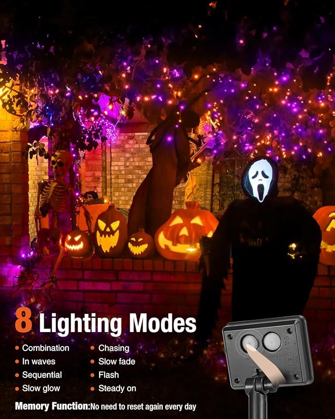 6 Pack Solar Fairy Lights for Outside Waterproof, 49FT/15M 150LED Solar String Lights Outdoor 8 Modes Solar Twinkle Lights for Garden Yard Halloween Decor, Orange-Purple