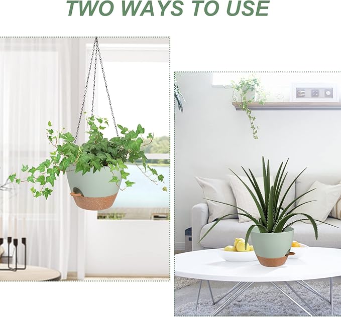 Hanging Planters for Indoor Outdoor Plants, 2 Pack Self Watering Hanging Pot with Drainage Holes & Removable Tray (Green, 10'')