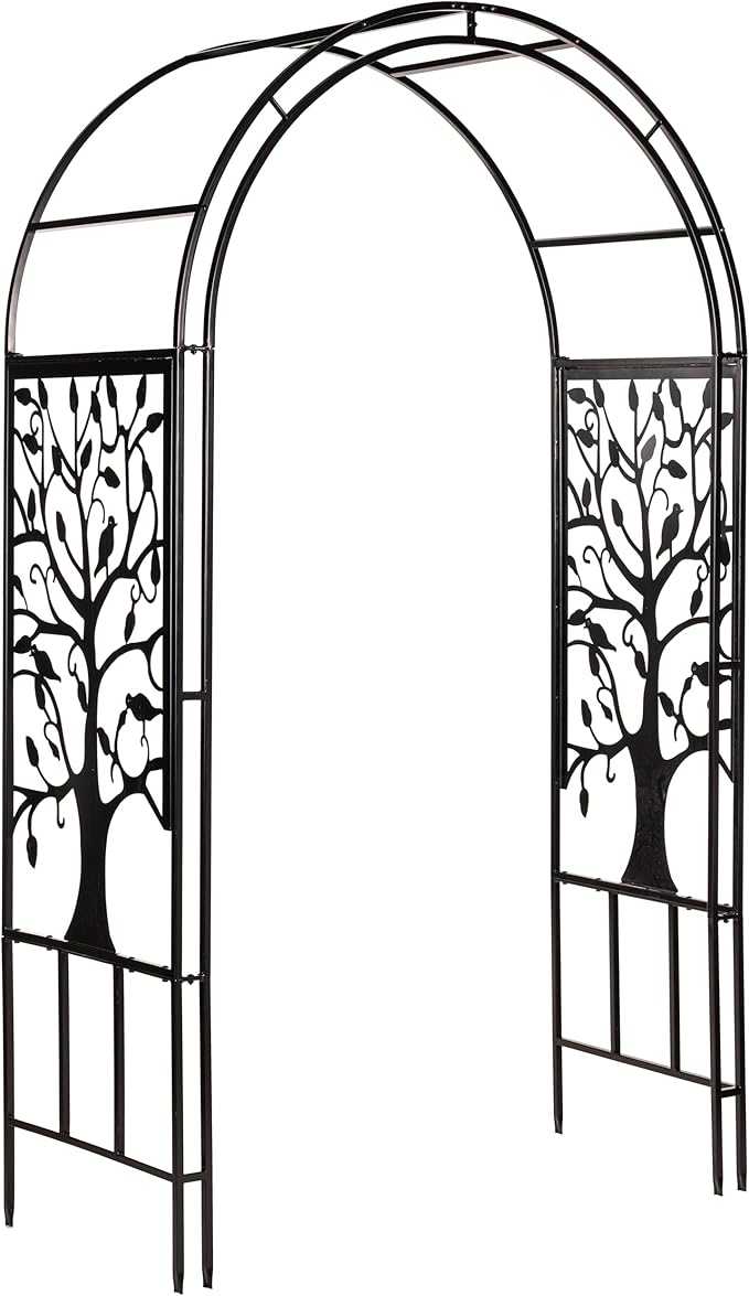 Evergreen Plow & Hearth Tree of Life Garden Arbor - 7 Feet Tall | Slim Metal Arch with Iron Trellis for Climbing Plants | Elegant Wedding Arbor | Outdoor Patio & Garden Decor