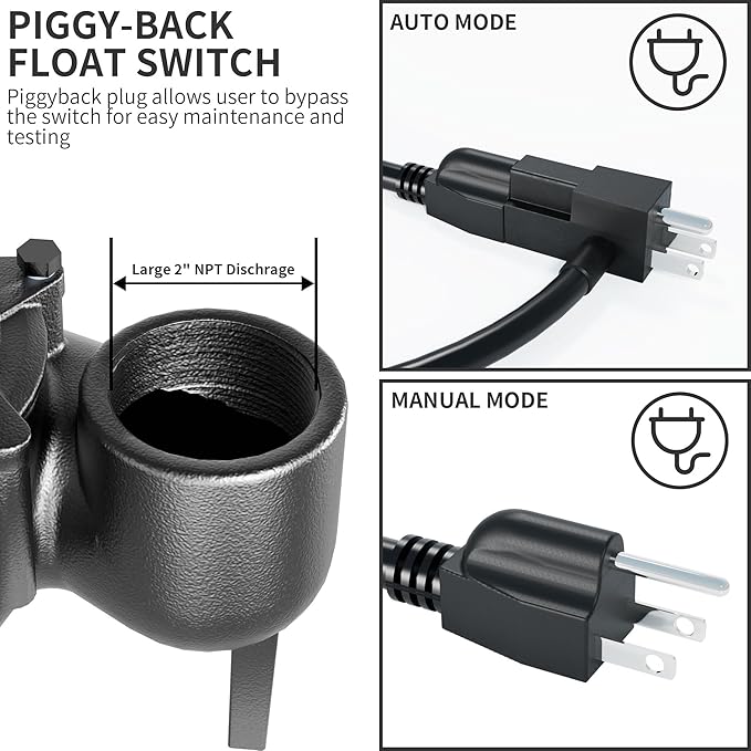 1HP Sewage/Effluent Pump Submersible, 115V 5600 GPH Cast Iron Pump with Automatic Tethered Float Switch, Sump Pump for Sump Basin, Basement, Residential Sewage, 2'' NPT Discharge