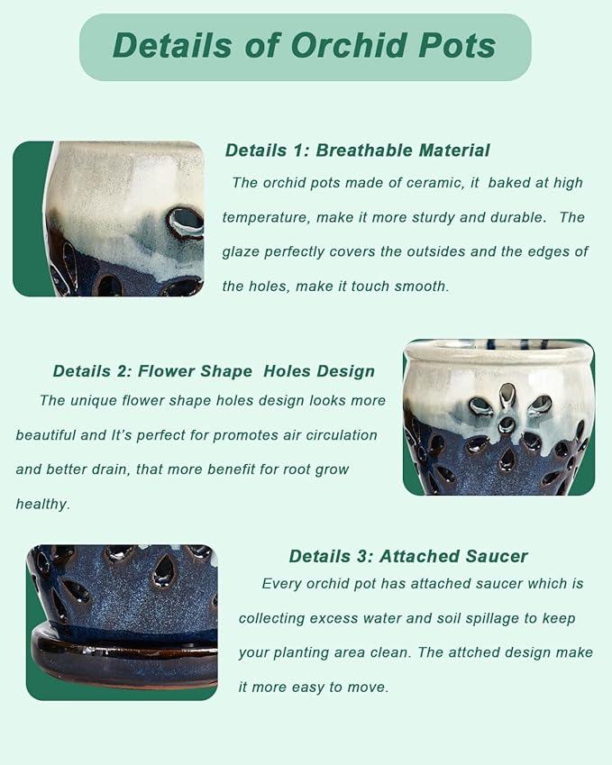 Vensovo 4 Inch Ceramic Orchid Pots with Holes and Saucers - 2 Pcs Small Succulent Pot for Repotting, Garden Flowerpots for Plants Indoor and Outdoor Promotes Air Circulation (Olive Green, Green Mixed)