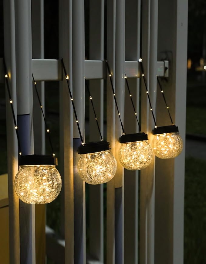 Solar Lanterns Solar Lights Outdoor Waterproof 6-Pack, Solar Powered Hanging Lights Cracked Glass Hanging Globes for Christmas Decoration, Shepherd Hook, Garden Tree Ornaments