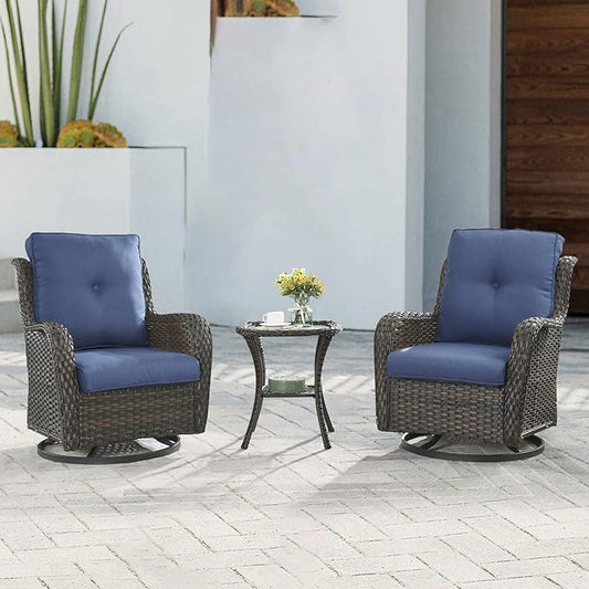 Outdoor Patio Swivel Rocker Chairs - 3 Piece Patio Bistro Set,Wicker Patio Furniture Set with 2 Swivel Rocking Chairs and 1 Glass Top Side Table for Deck Porch Garden,Brown/Blue
