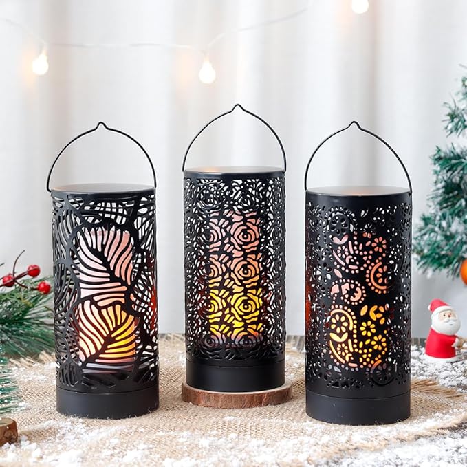 TRIROCKS Set of 3 LED Cordless Metal Lantern with Timer 7" H Moving Flame Lamp Battery Operated Breathing Lamp Floral Hollow LED Hanging Lighting for Indoor/Outdoor Patio Garden Party Gift
