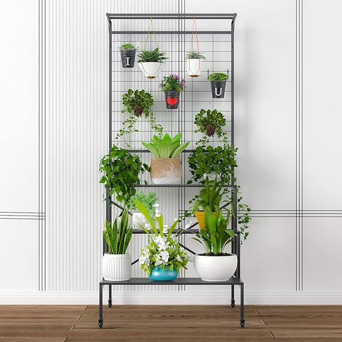 Zhongma 3 Tier Large Heavy Duty Plant Stand with wheels, Tall multi layer Plant Holder with Hanging Plant pot shelf, 35.43 x 33.27 x 80.7inch, Each Tier: 35.43 L x 10.5W, Easy to Hold Large Plant Pot