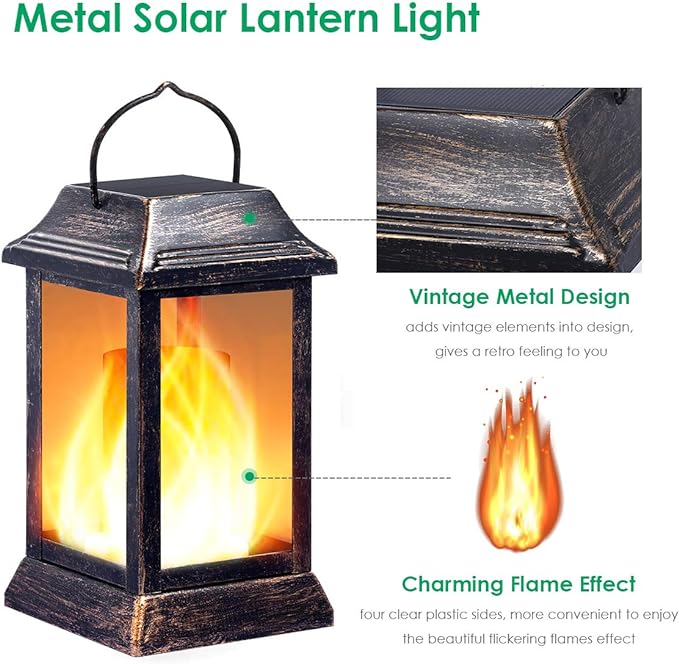 TomCare Solar Lights Metal Flickering Flame Solar Lantern Outdoor Hanging Lanterns Lighting Heavy Duty Solar Powered Waterproof LED Flame Lights for Patio Garden Christmas Decorations, 2 Pack (Bronze)