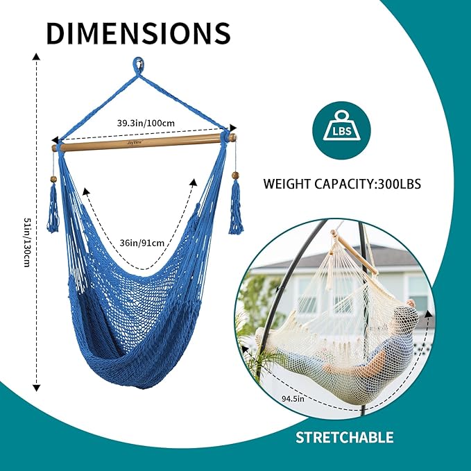 JoyView Hammock Chair with Spreader Bar Caribbean Hammock Swing Chair 300 LBS Weight Capacity XL Rope Hanging Chair for Outdoor Indoor Garden Yard - Light Blue