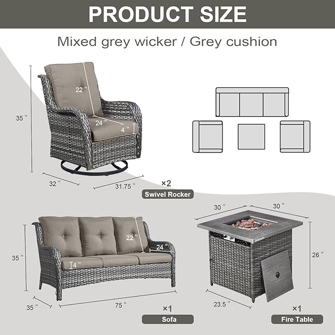 Outdoor Patio Furniture Set with 50000BTU Propane Fire Pit Table, 4 Pieces Wicker Patio Conversation Set with 2 Swivel Rocker Glider Chairs Rattan Sofa Grey Cushion Perfect for Gathering