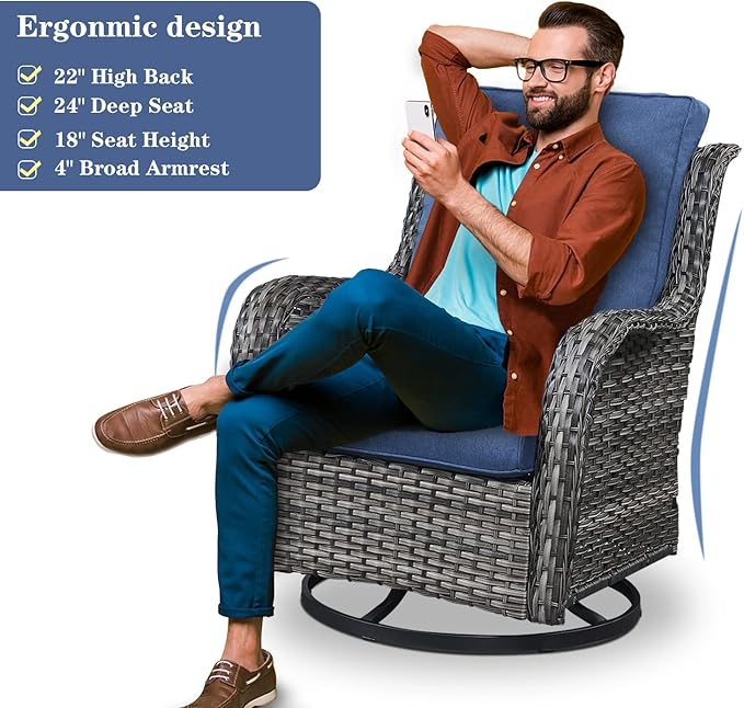 Outdoor Swivel Rcoker Patio Chairs - Outdoor Swivel Patio Chairs Set of 2 Wicker Chair Patio Furniture Sets with Covered Cushion for Porch Deck Balcony Garden, Blue