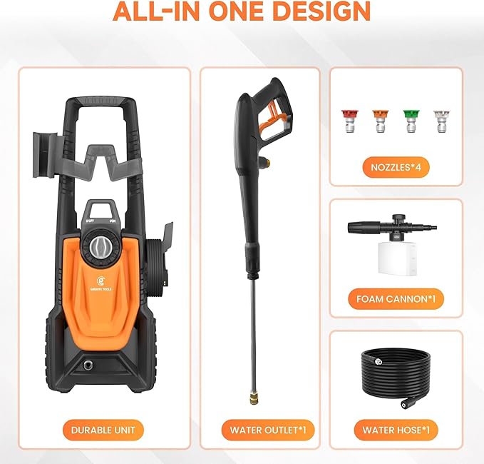 Giraffe Tools Electric Pressure Washer, 2400 PSI 2.3 GPM with 4 Quick-Connect Nozzles, 20FT Hose & Foam Cannon, Powerful Washer for Cars/Road/Driveways/Fences