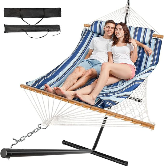 2 Person Outdoor Hammock with Stand, Cotton Rope Hammock with Polyester Pad, Adjustable Steel Frame, Portable with Carrying Bag – for Patio, Backyard, Garden, Beach, Blue