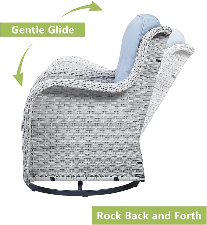 Outdoor Patio Swivel Rocker Chairs - 3 Piece Patio Bistro Set,Wicker Patio Furniture Set with 2 Swivel Rocking Chairs and 1 Glass Top Side Table for Deck Porch Garden,Light Grey/SkyBlue