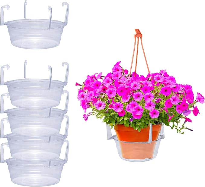 Curtis Wagner Plastics Hanging Basket Drip Pans (5-Pack) | Clear, Round (Diameter = 7.37" Base, 10" Top, 3.7" Depth) Hanging Plant Tray Saucer with Built-in Hooks & Water Catcher for Indoor & Outdoor