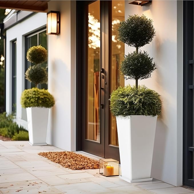LA Jolie Muse 30 inch Tall White Planters Set of 2,Indoor/Outdoor Rectanglar Large Planters,V Shaped Taper Planters for Front Door.