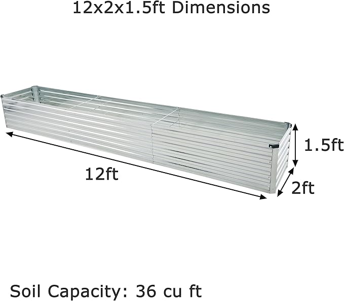 12x2x1.5ft Galvanized Raised Garden Bed,Outdoor Planter Box Metal Patio Kit Planting Bed for Vegetables Flowers Herb,Silver