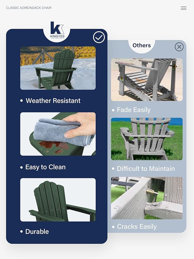 KINGYES HDPE Adirondack Chair Set of 8, Classic All-Weather Adirondack Chair, Green