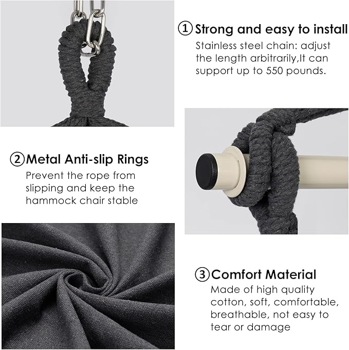Y- Stop Hammock Chair Hanging Rope Swing Chair, Max 500 Lbs, 2 Seat Cushions Included, Removable Steel Spreader Bar with Anti-Slip Rings, Hardware kit-for Indoor or Outdoor(Dark Grey)