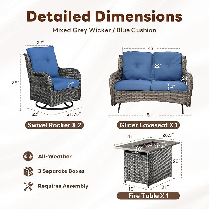4 Piece Patio Furniture Set with Fire Pit Table - 41inch 50000 BTU Propane Fire Pit Table with High Back Loveseat Glider Chair and 2 Swivel Rocker Chair for Casual Gathering
