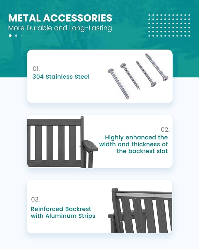 SERWALL Outdoor Bench, HDPE Outdoor Benches Weatherproof, 2-Person Garden Bench with 660 lbs Weight Capacity, Patio Benches for Outdoors, Garden, Porch, Backyard and Park, Grey