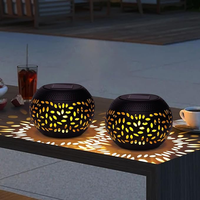 Solar Lantern Outdoor Table Light, 2 Pack Waterproof Decor, Hollow Out Retro Black Metal Patio Lights, Yard Porch Garden Balcony Indoor Desk Bedroom Tabletop Decorations