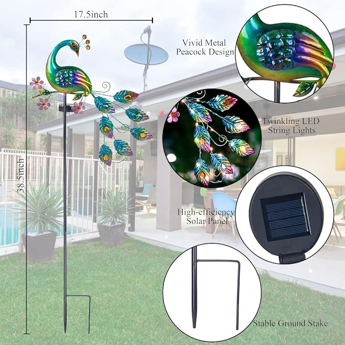 VEWOGARDEN Peacock Solar Lights Outdoor Metal Solar Garden Lights Solar Pathway Lights Outdoor Waterproof LED for Patio Lawn Yard Decorations