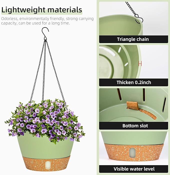 QCQHDU 2 Pack Hanging Planters for Indoor Outdoor Plants, 10 Inch Hanging Baskets Flower Pots with Reservoir Tray & Visible Water-Level
