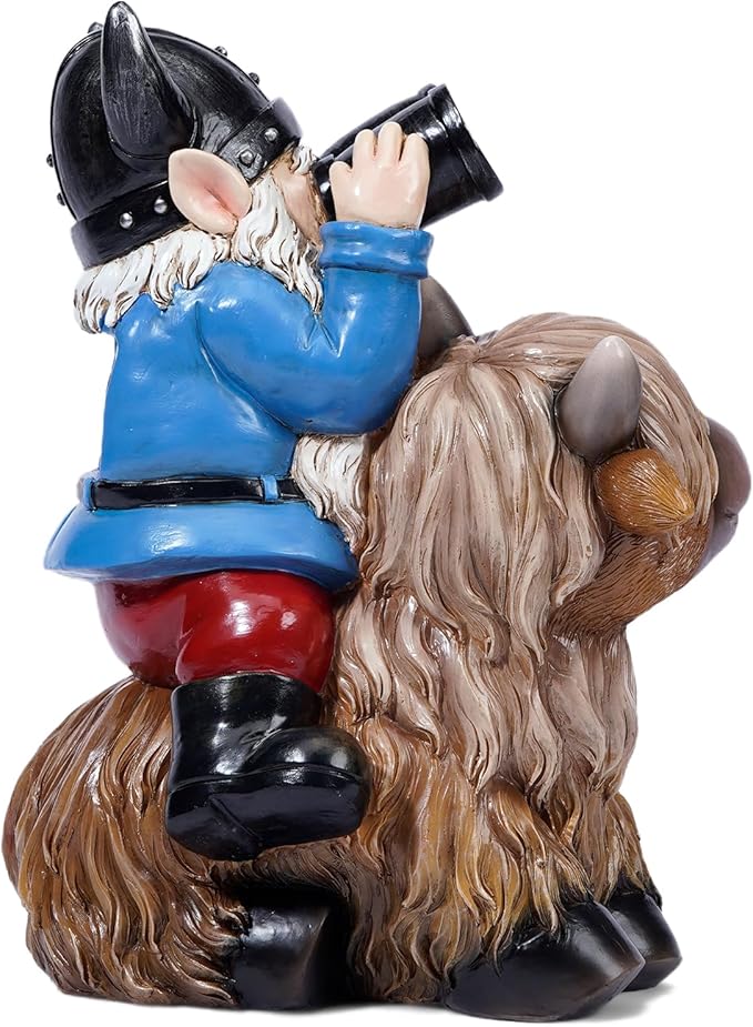 Tolimi Garden Gnome Sitting on Highland Cow Outdoor Statue wiht Solar LED Light Funny Decoration for Yard and Patio Gifts (Gnome)