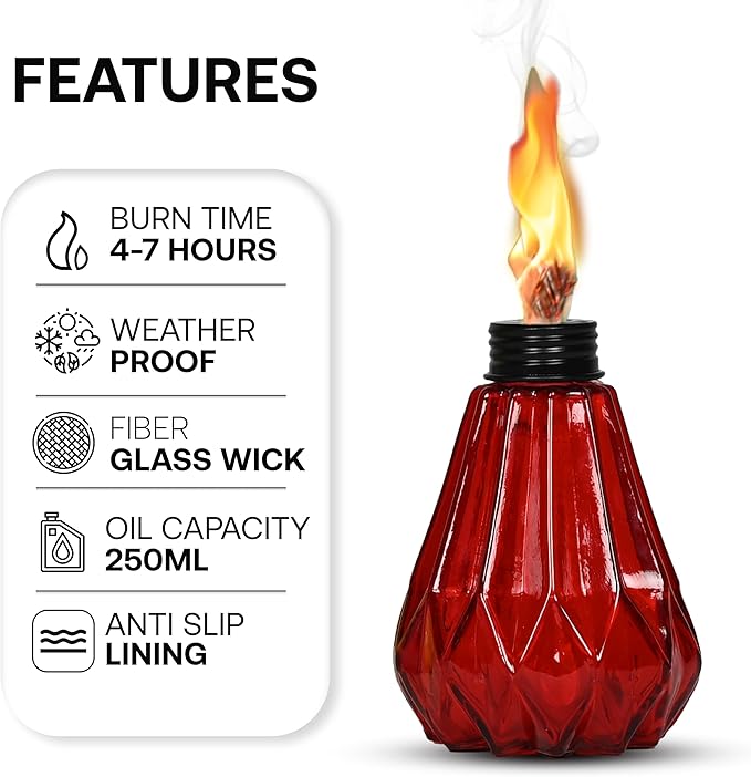 Deco Window Pack of 3 Table Torch for Indoor Outdoor Citronella Oil Tabletop Glass Lamp Landscape Lantern with Fiberglass Wick & Cap for Garden Patio Yard Party Decor Light