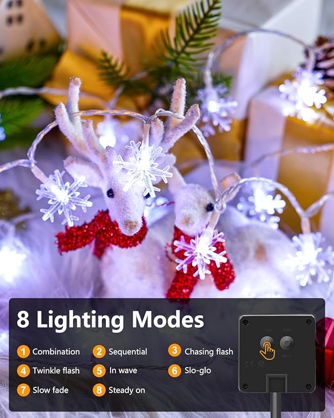 Brightown Solar Christmas Snowflake String Lights, 72FT 200 LED Outdoor Waterproof Fairy Lights with 8 Lighting Modes for Wedding, Party, Tree, Room, Garden, Patio, Yard, Home, Pure White