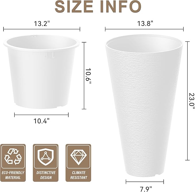 Kante Tall Round Planter Set of 2, 23 Inch Tall Decorative Planter Pots for Outdoor Indoor Garden Patio Front Porch (White)