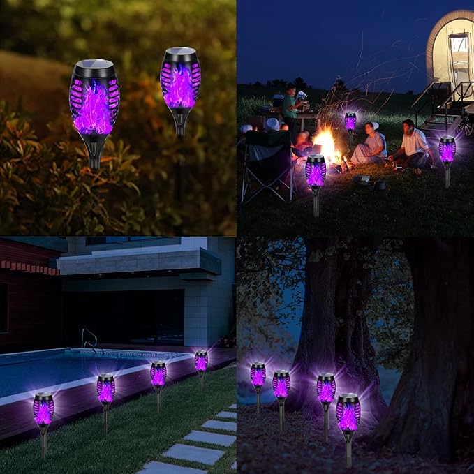 4 Pack Solar Torch Lights Outdoor Waterproof - Purple Flickering Flame, Outdoor Solar Garden Lights for Yard, Tiki Torches for Outside Patio Pathway Decorations