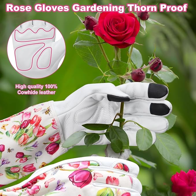 DLY Gardening Gloves for Women, Rose Gloves Gardening Thorn Proof, Long Garden Gloves for Women, Breathable Cowhide Leather Gauntlet(Medium,White)
