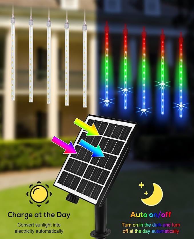 Meteor Shower Lights Outdoor Solar Meteor Lights Falling Rain Lights 16 Tubes 16 Inch 576LED Cascading Snowfall Christmas Lights for Holiday Wedding New Year Party Yard House Roof Tree Mall Decoration