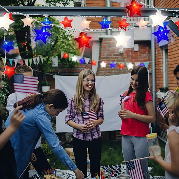 20 LED 4th of July Decor Big Star Lights, 17FT Red White and Blue Star String Lights Plug in, Memorial Day Independence Day Patriotic Decorations Outdoor Indoor for Home Garden Patio, White Wire