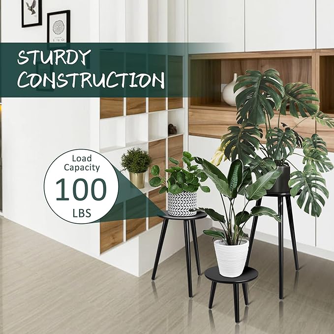 Indoor Plant Stand - Uneedem Wood Mid Century Plant Stand for Indoor Plants, Modern Plant Table,Tall Plant Holder for Flower Pots, Small Round Side Table, End Table (B2-Black,High: 16.5")