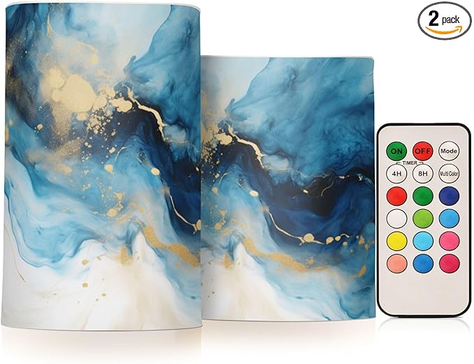 Flickering Flameless Candles, Marble Navy Blue LED Candles with Remote Timer, Set of 2 Battery Operated Candle for Valentine Wedding Birthday