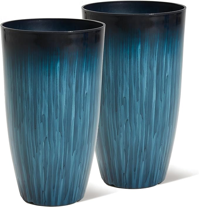 Worth Garden 23.5" H. Large Plastic Planters - Set of 2 Gradient Blue Glossy Smooth Finish - Tall Plant Pots for Indoor & Outdoor Use - Decorative Lightweight Flower Pots for Front Porch, Patio, Deck