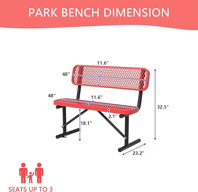 4/6/8 Feet Park Bench for Outside Heavy Duty Metal, Garden Benches Outdoor Bench with Backrest & Portable Frame, for Shopping Malls Stores Parks Patios Decks, Red