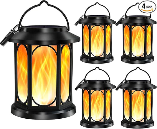Solar Outdoor Lanterns Light Flickering Flame, Waterproof Outdoor Lanterns for Halloween Patio Garden Yard Deck Pathway, 4 Pack