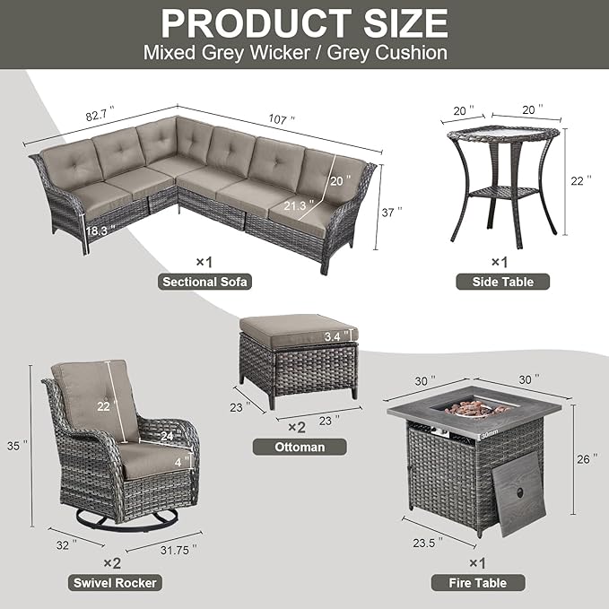 Outdoor Sectional Furniture Sofa Set with Propane Fire Pit Table, Wicker Patio Conversation Set with 2 Swivel Rocker Glider Chairs Grey Cushion Perfect for Backyard Casual Gathering