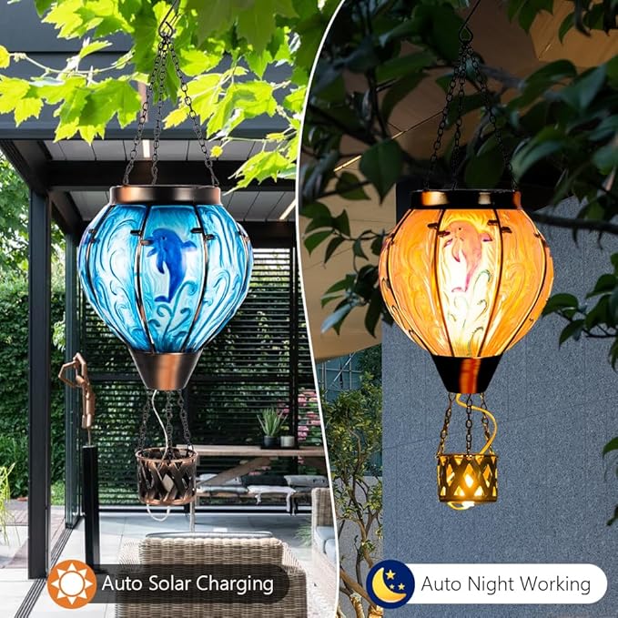 Blue Dolphin Hot Air Balloon Solar Lantern with Flame Flickering Light LED Glass Hanging Solar Lanterns Outdoor Waterproof Hot Air Balloon Decor for Patio Yard Garden Mother Day Gift for Women