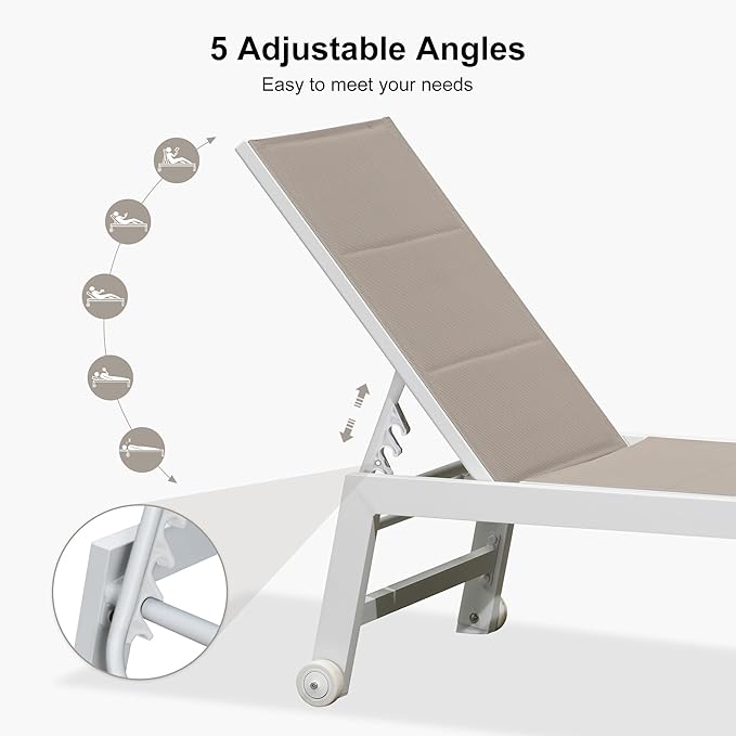 PURPLE LEAF Outdoor Chaise Lounge Set Oversize Adjustable Sunbathing Recliner Extra Wide Lounge Chairs with Side Table for Poolside Beach Outside Patio Aluminum Chaise Lounger Khaki 2 Sets