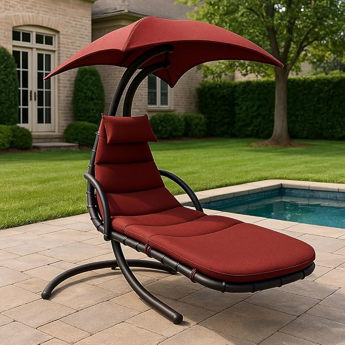 Weatherproof Replacement Cushion Pad and Umbrella for Hanging Lounge Chair Outdoor Chaise Hanging Hammock Chair - Long-Lasting, Fade-Resistant, Quick-Dry, Outdoor Lounge Replacement Set - Red