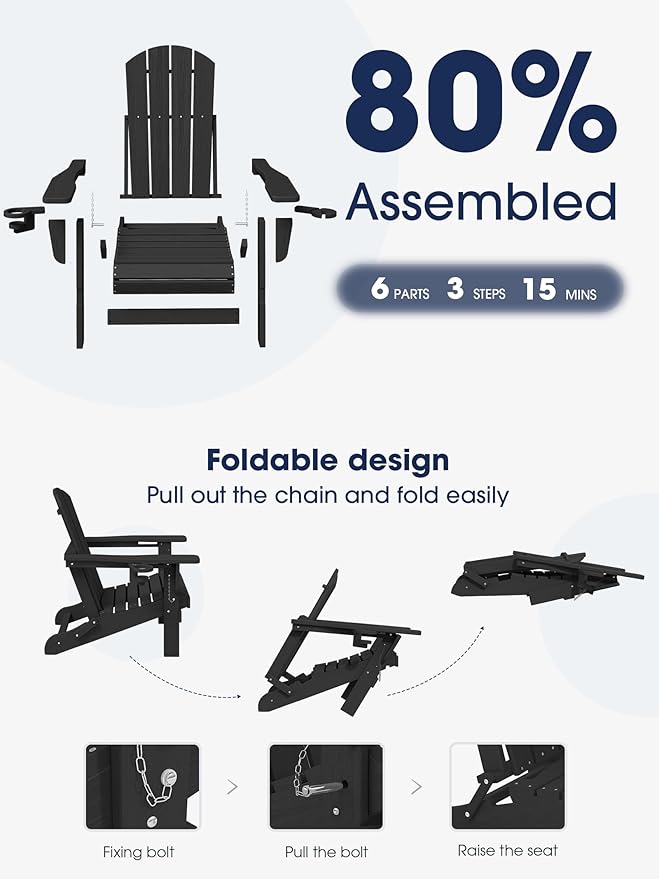 KINGYES Folding Adirondack Chair with Dual Cup Holders - HDPE All-Weather Outdoor Chairs, Black