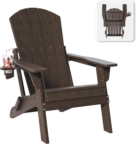 Folding Adirondack Chair with Cup Holder, HDPE All Weather Resistant Plastic Outdoor Patio Chairs, Heavy Duty Fire Pit Seating for Backyard Lawn Garden, Wooden Textured Design(Coffee)